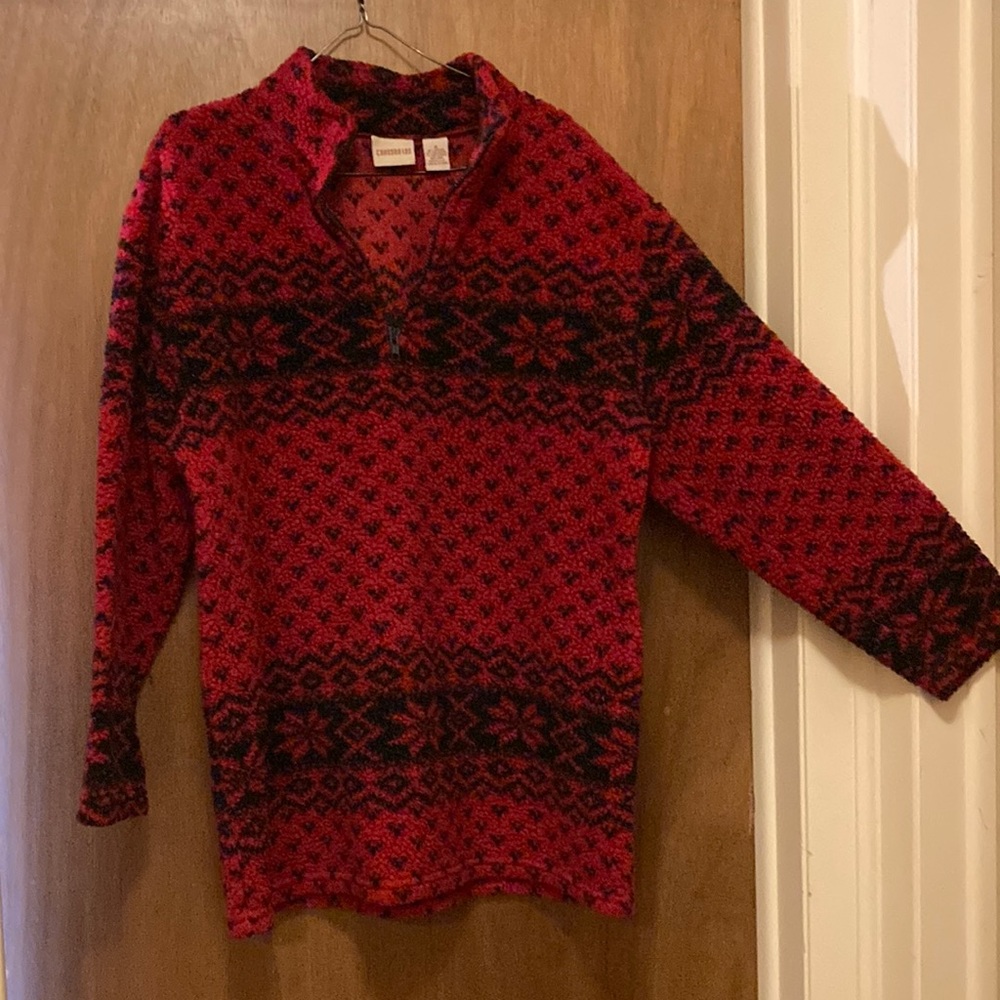Crossroads. Medium. Red and Navy comfy pull over with 9 inch zip up. 30 inches.